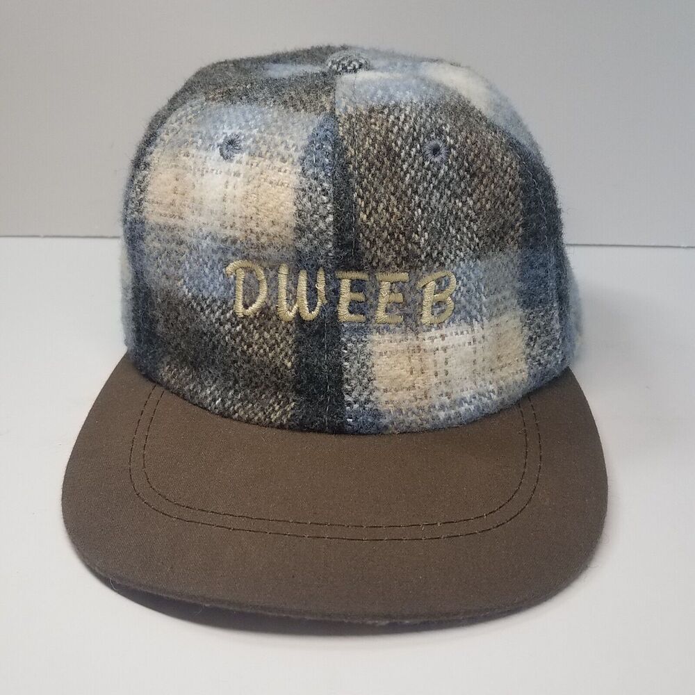 Vintage Tweed Baseball Cap Embroidered Dweeb Brown Blue Checkered Adjustable Hat